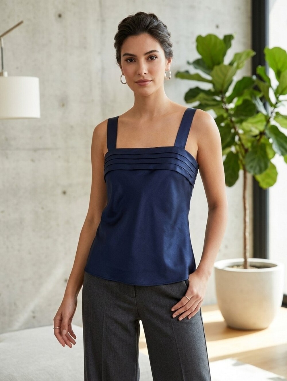 Unmentionables Vintage Navy Blue Satin Pleated Bodice Cami Tank Top Med